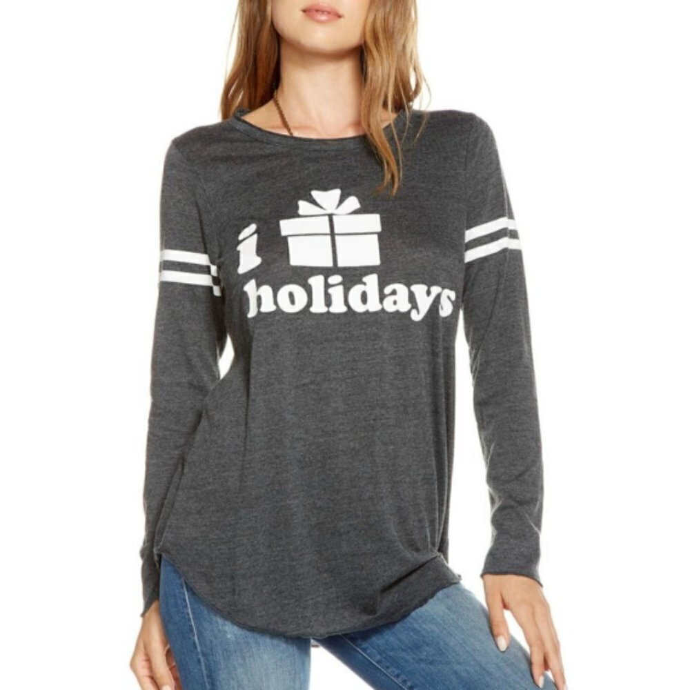 Chaser "I Love Holidays" Long Sleeve Baseball Tee, Dark Grey